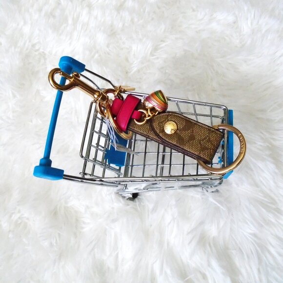 Coach Trigger Snap Bag Charm Keychain Khaki Pink Gold - Picture 3 of 8